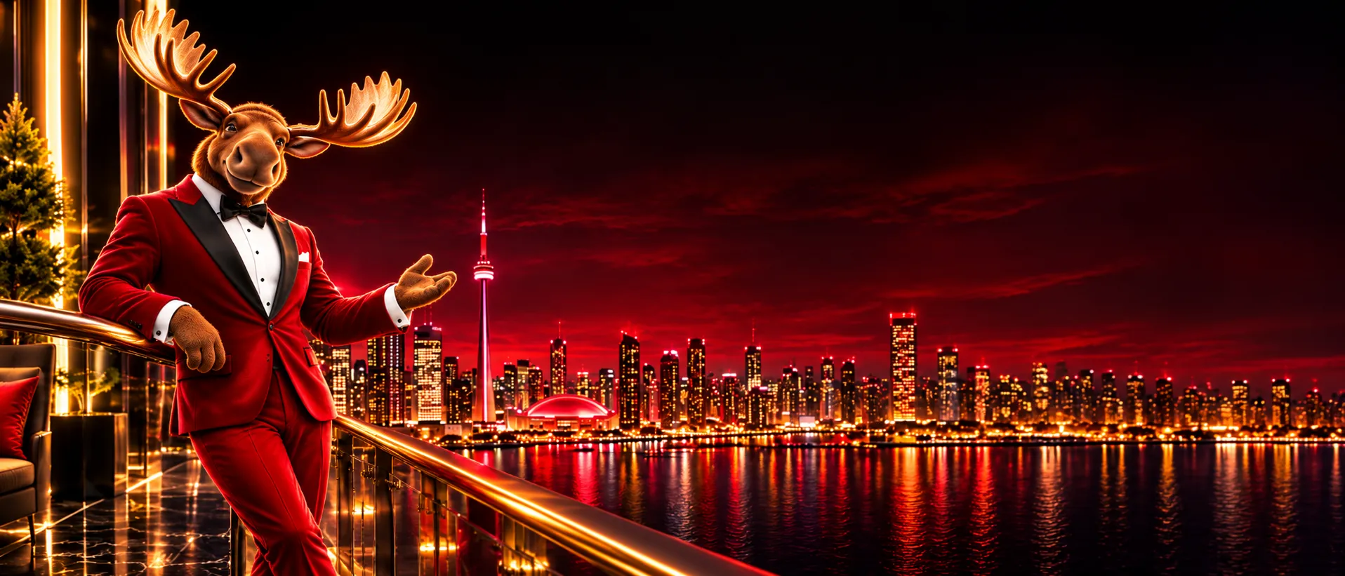 Canada777 moose host on a Toronto skyline balcony